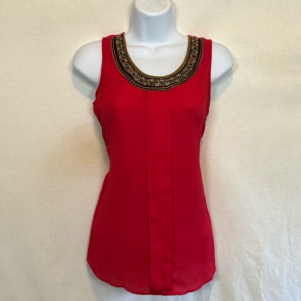 A-19 Cato Red Sleeveless Embroidered Neckline Pleated Front Blouse Size S